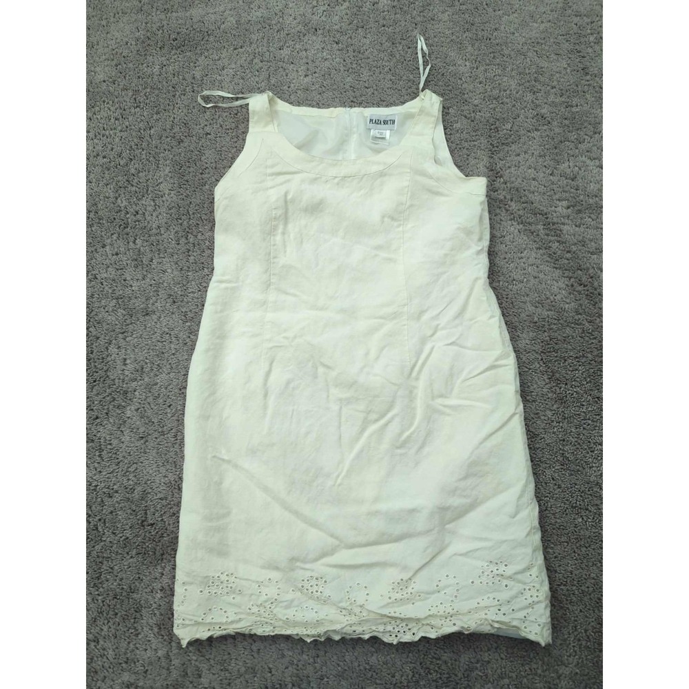 Plaza South Shift Dress Womens 16 Ivory Sleeveless Linen Blend Eyelet Lined Knee